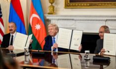 President Donald Trump signs a trilateral joint declaration with President Ilham Aliyev of Azerbaijan and Prime Minister Nikol Pashinyan of Armenia, Friday, August 8, 2025, in the State Dining Room. (Official White House Photo by Daniel Torok)